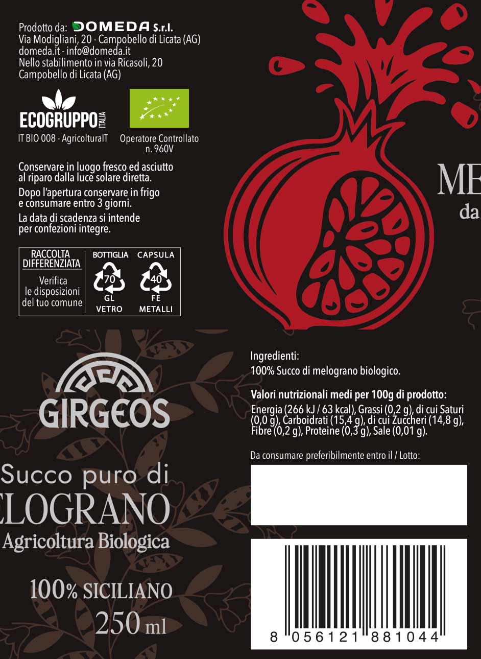 Succo Puro di Melograno BIO "Girgeos" – 100% Siciliano